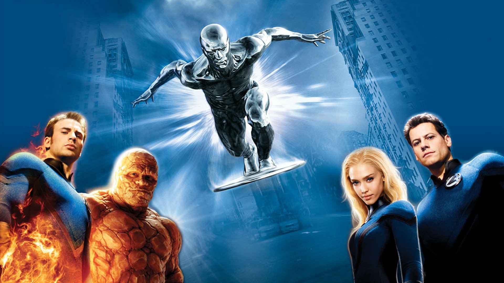 HD PC desktop wallpaper featuring the main characters from the movie Fantastic 4: Rise of the Silver Surfer, showcasing the Silver Surfer soaring above the team.