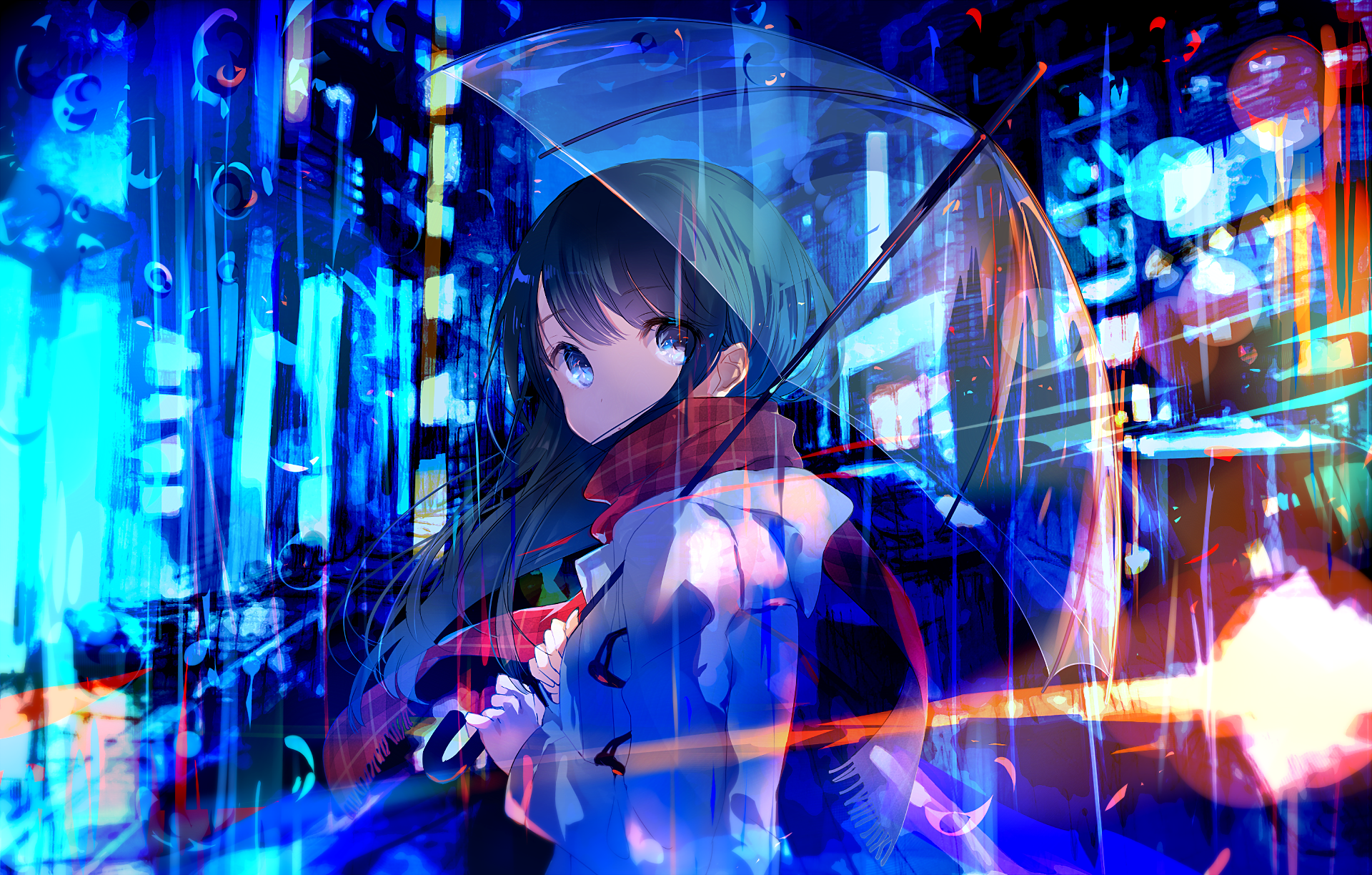 A high-definition anime desktop wallpaper featuring an original character holding an umbrella in a vibrant, neon-lit cityscape.