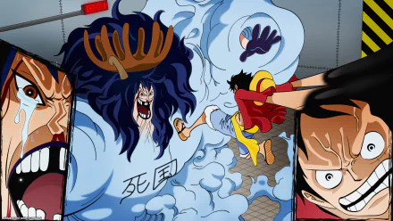 HD anime wallpaper featuring One Piece characters Monkey D. Luffy and Caesar Clown in dynamic action poses, showcasing vibrant colors and intense expressions.
