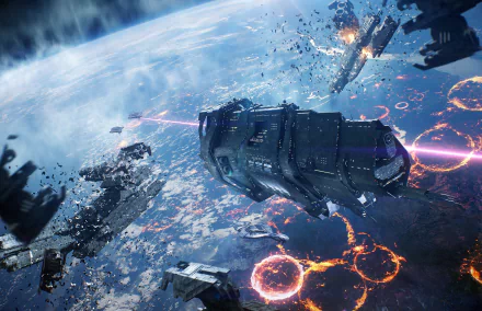 HD desktop wallpaper of a dramatic space battle scene from the video game Halo, featuring spaceships engaged in combat over a planetscape with glowing energy rings.