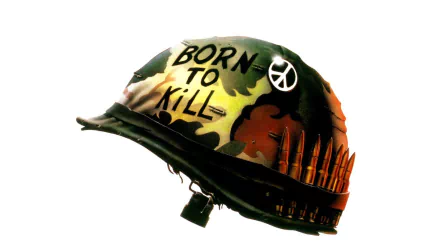 A striking HD wallpaper featuring a camouflaged helmet inscribed with Born to Kill, inspired by the movie Full Metal Jacket, symbolizing the complex themes of war.