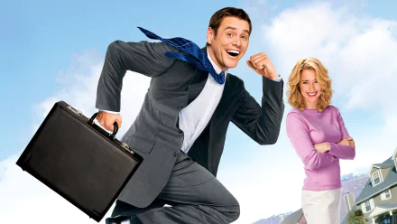 HD PC desktop wallpaper featuring characters from the movie Fun with Dick and Jane, with a man in a suit running and a woman standing confidently in the background.