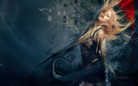 HD desktop wallpaper featuring Avril Lavigne in a music-themed background with flowing hair and artistic, abstract elements.