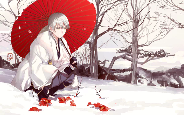 Anime HD desktop wallpaper featuring Tsurumaru Kuninaga from Touken Ranbu, kneeling in a snowy landscape holding a vibrant red umbrella.
