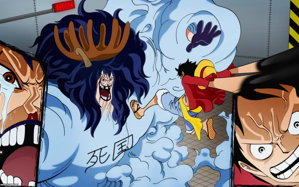 HD anime wallpaper featuring One Piece characters Monkey D. Luffy and Caesar Clown in dynamic action poses, showcasing vibrant colors and intense expressions.