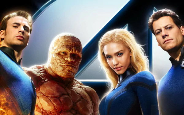 HD PC desktop wallpaper featuring the main characters from the movie Fantastic 4: Rise of the Silver Surfer, with the iconic Fantastic Four logo in the background.