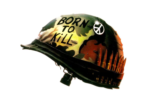 A striking HD wallpaper featuring a camouflaged helmet inscribed with Born to Kill, inspired by the movie Full Metal Jacket, symbolizing the complex themes of war.