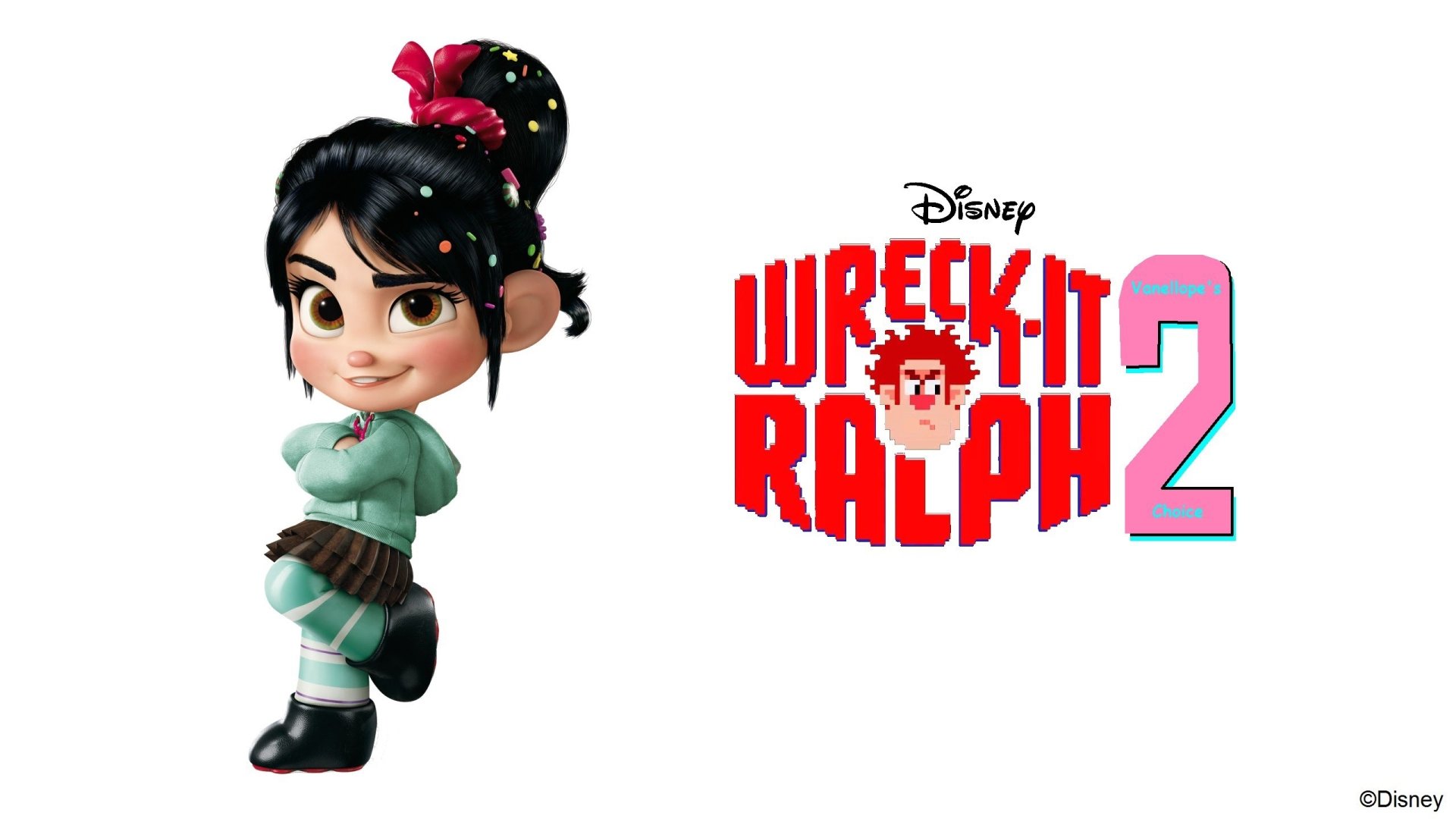Vanellope von Schweetz from Disney's Ralph Breaks the Internet: Wreck-It Ralph 2 is featured alongside the movie title in this vibrant HD desktop wallpaper.