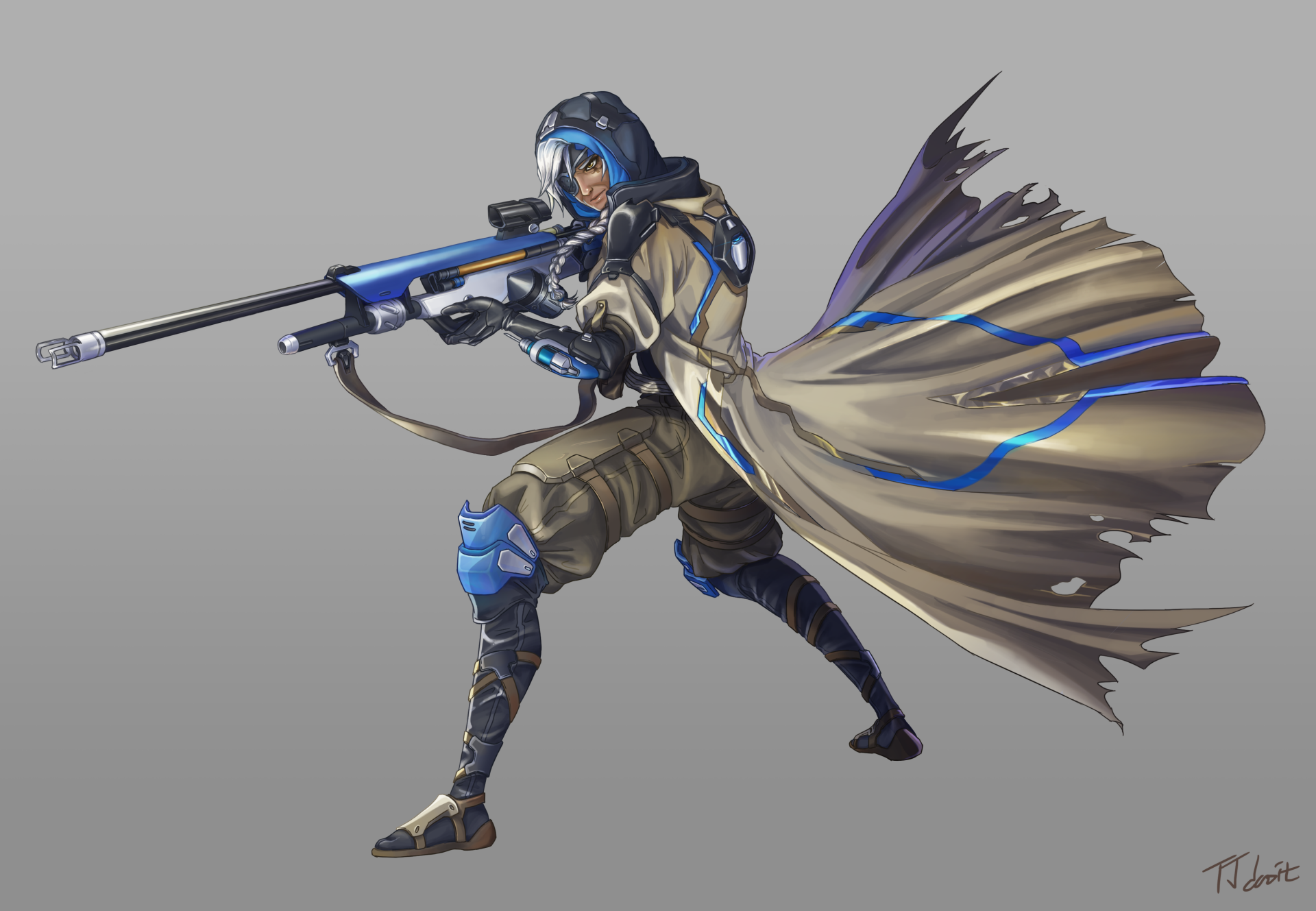 Ana (Overwatch) in a dynamic sniper stance, cloak billowing and biotic rifle raised — 4K Ultra HD PC desktop wallpaper/background, video game artwork.