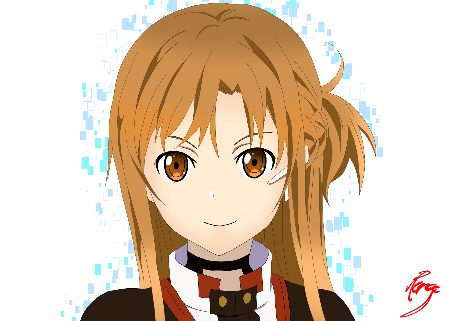 Asuna Yuuki from Sword Art Online: Ordinal Scale — anime portrait with orange hair and digital blue pixel accents; 4K Ultra HD PC desktop wallpaper/background.