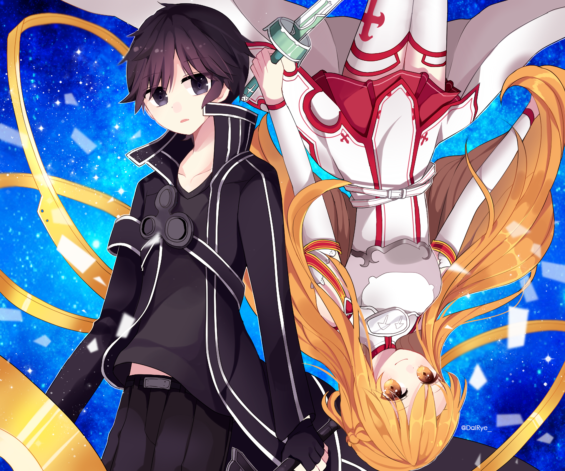 HD PC wallpaper of Kirito (Kazuto Kirigaya) and Asuna Yuuki from Sword Art Online — Kirito in a black coat, Asuna upside-down in white-red armor against a starry blue background.