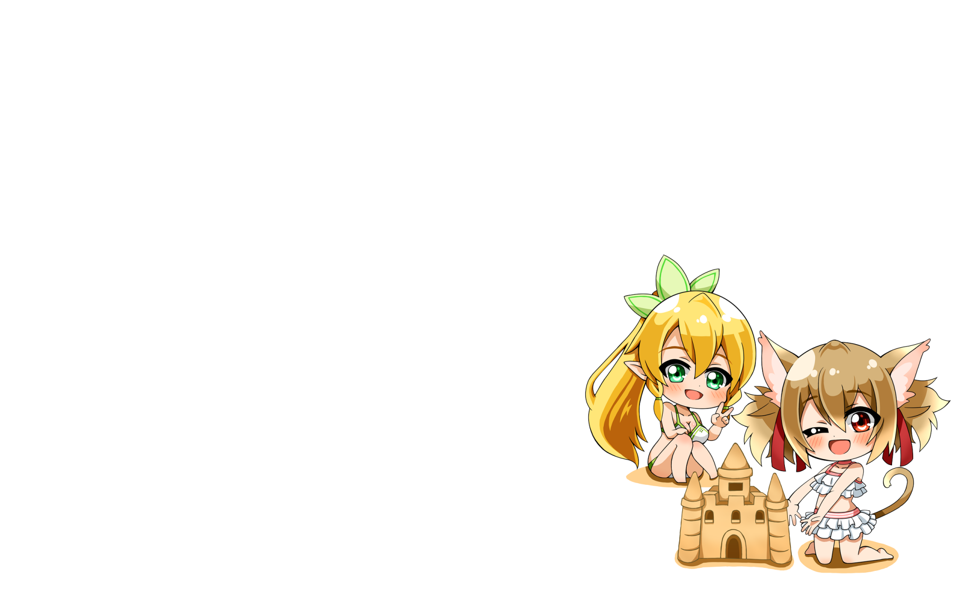 Anime-style chibi Suguha Kirigaya and Silica (Keiko Ayano) from Sword Art Online build a sandcastle at the bottom-right on a white 2K Quad HD PC desktop wallpaper.