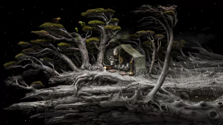 HD desktop wallpaper of Samorost 3 featuring a mystical forest scene with intricate trees and a cozy illuminated shelter.