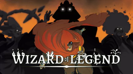HD desktop wallpaper featuring the game Wizard of Legend, with a cloaked wizard and ominous shadowy figures in the background.