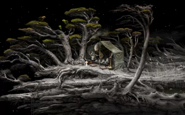HD desktop wallpaper of Samorost 3 featuring a mystical forest scene with intricate trees and a cozy illuminated shelter.