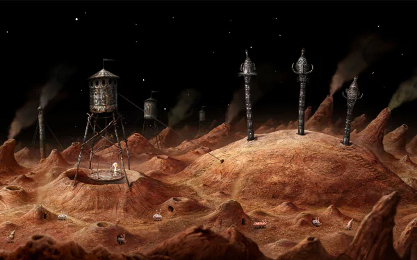 HD desktop wallpaper from Samorost 3 featuring whimsical structures on a rugged alien landscape.