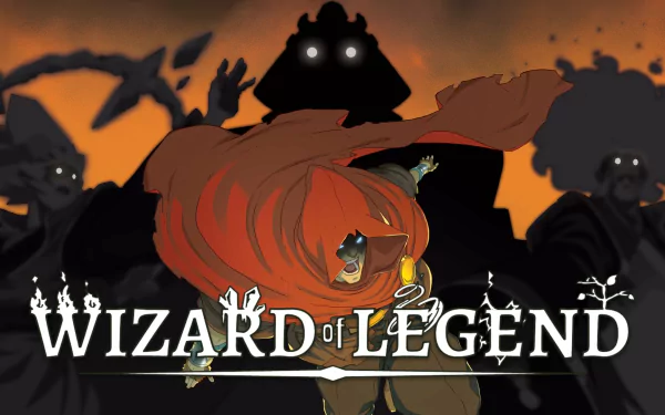 HD desktop wallpaper featuring the game Wizard of Legend, with a cloaked wizard and ominous shadowy figures in the background.