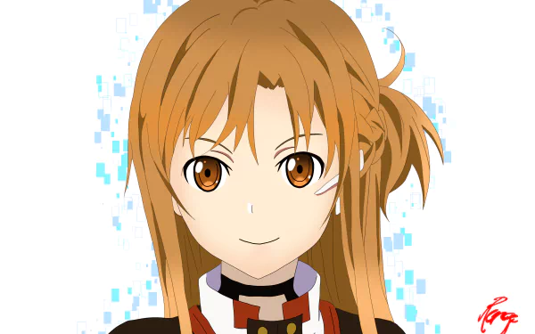 Asuna Yuuki from Sword Art Online: Ordinal Scale — anime portrait with orange hair and digital blue pixel accents; 4K Ultra HD PC desktop wallpaper/background.