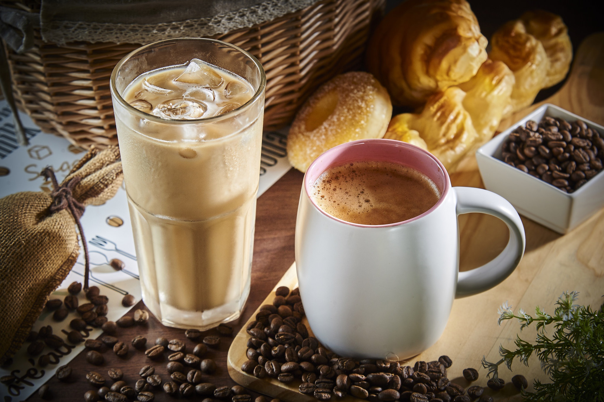 Mug of Hot Coffee and a Tall Glass of Iced Coffee