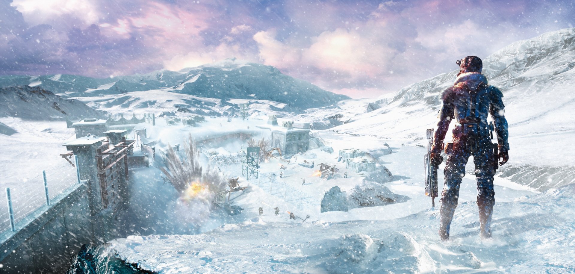 A soldier armed with a weapon surveys a snowy battlefield with explosions in the distance, set in a vast winter landscape from the video game Lost Planet.