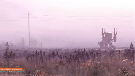 HD PC wallpaper: a lone sci-fi mech walks through misty crop fields at dawn, tall grasses and power lines fading into a pale lavender sky.