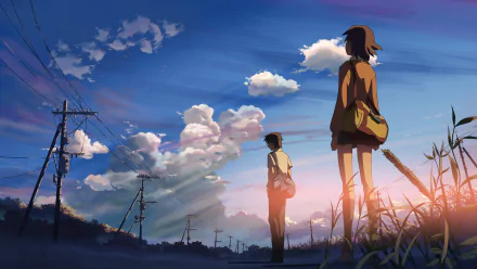 HD anime desktop wallpaper featuring characters by Kanae Sumita and Takaki Touno from 5 Centimeters per Second against a vibrant sunset sky.