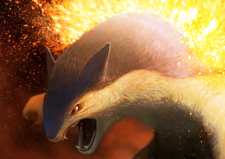 HD desktop wallpaper featuring Typhlosion from Pokémon. The image showcases the Pokémon in an intense setting with flames in the background, capturing its fiery essence.