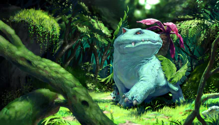 HD desktop wallpaper featuring Venusaur, a Pokémon from the anime series, set in a lush, green forest background.