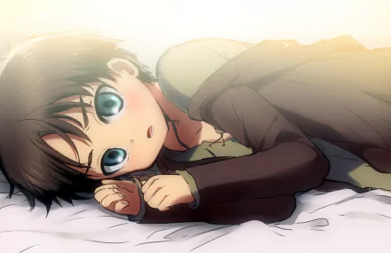 HD desktop wallpaper featuring Eren Yeager from the anime Attack on Titan, shown lying down with a soft, glowing background.