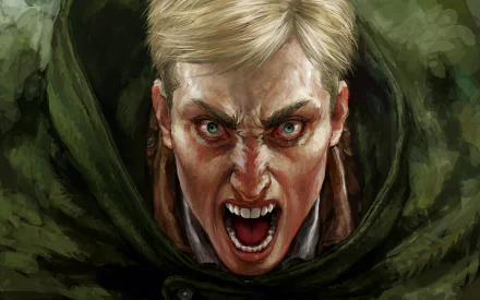 A high-definition desktop wallpaper of Erwin Smith from the anime Attack on Titan, depicting him in a fierce and intense expression.