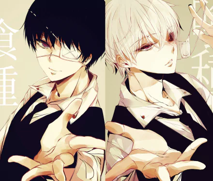 HD desktop wallpaper of Tokyo Ghoul featuring two anime characters with distinct appearances, divided into a twin panel layout. The left character has dark hair and glasses, while the right character has white hair.