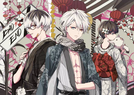 HD desktop wallpaper featuring Haise Sasaki and Ken Kaneki from Tokyo Ghoul:re. The detailed anime artwork presents both characters in stylish outfits with a Bad End sign in the background.