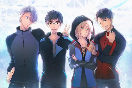 HD desktop wallpaper featuring anime characters Jean-Jacques Leroy, Yuuri Katsuki, Victor Nikiforov, and Yuri Plisetsky from Yuri!!! on ICE, standing together against a bright, icy background.