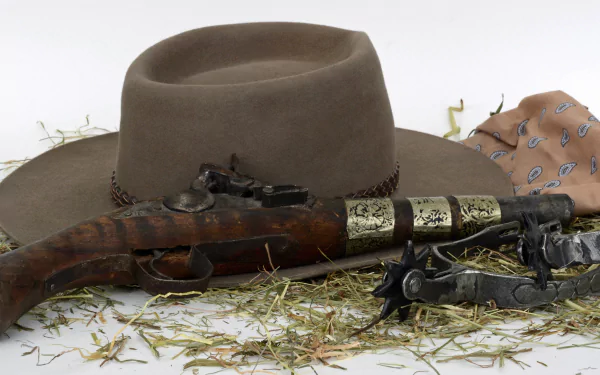  Antique pistol, Spurs and Hat