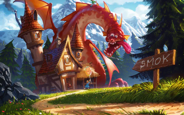 A fantasy HD desktop wallpaper of a little girl holding a lollipop, standing near a cottage with a friendly dragon. A wooden sign marked Smok points towards the house, set in a vibrant, whimsical landscape.