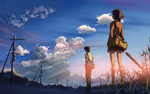 HD anime desktop wallpaper featuring characters by Kanae Sumita and Takaki Touno from 5 Centimeters per Second against a vibrant sunset sky.