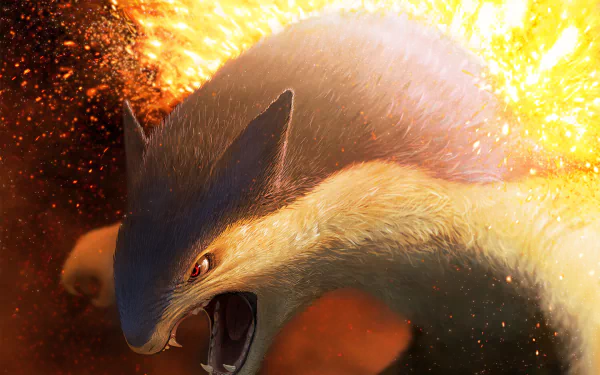 HD desktop wallpaper featuring Typhlosion from Pokémon. The image showcases the Pokémon in an intense setting with flames in the background, capturing its fiery essence.