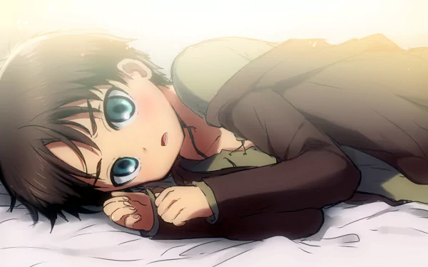 HD desktop wallpaper featuring Eren Yeager from the anime Attack on Titan, shown lying down with a soft, glowing background.