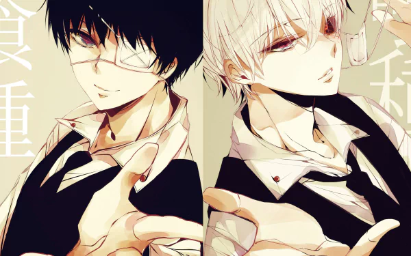 HD desktop wallpaper of Tokyo Ghoul featuring two anime characters with distinct appearances, divided into a twin panel layout. The left character has dark hair and glasses, while the right character has white hair.