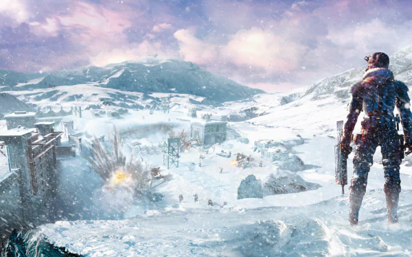 A soldier armed with a weapon surveys a snowy battlefield with explosions in the distance, set in a vast winter landscape from the video game Lost Planet.