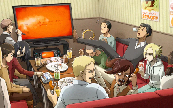 HD anime desktop wallpaper featuring Attack on Titan characters including Eren Yeager, Mikasa Ackerman, Sasha Blouse, Reiner Braun, and others gathered in a cozy room.