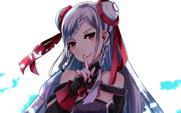 HD desktop wallpaper featuring Yuna from the anime movie Sword Art Online: Ordinal Scale. Yuna has long silver hair, a red ribbon, and is holding a finger to her lips.