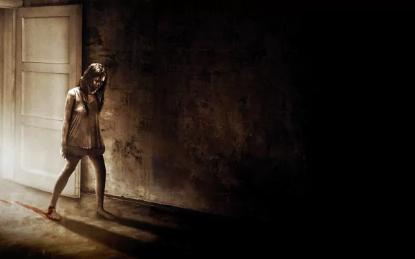 HD PC desktop wallpaper featuring a dark, eerie scene from the movie Insidious: Chapter 3, with a solitary figure walking through a dimly lit, shadowy room.