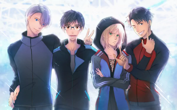 HD desktop wallpaper featuring anime characters Jean-Jacques Leroy, Yuuri Katsuki, Victor Nikiforov, and Yuri Plisetsky from Yuri!!! on ICE, standing together against a bright, icy background.