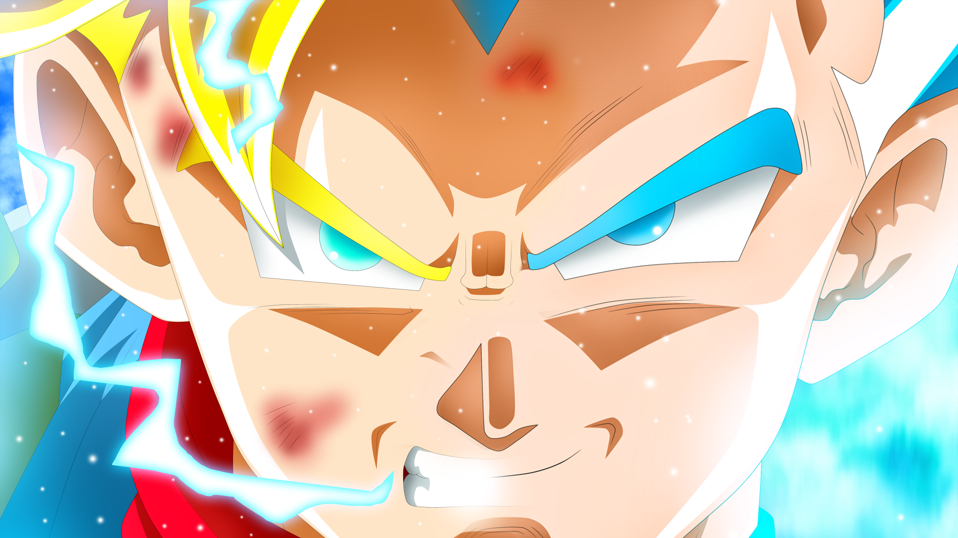 Close-up of a fierce Dragon Ball Super character with glowing blue eyes and electric energy, presented in vibrant 4K Ultra HD for PC desktop wallpaper.