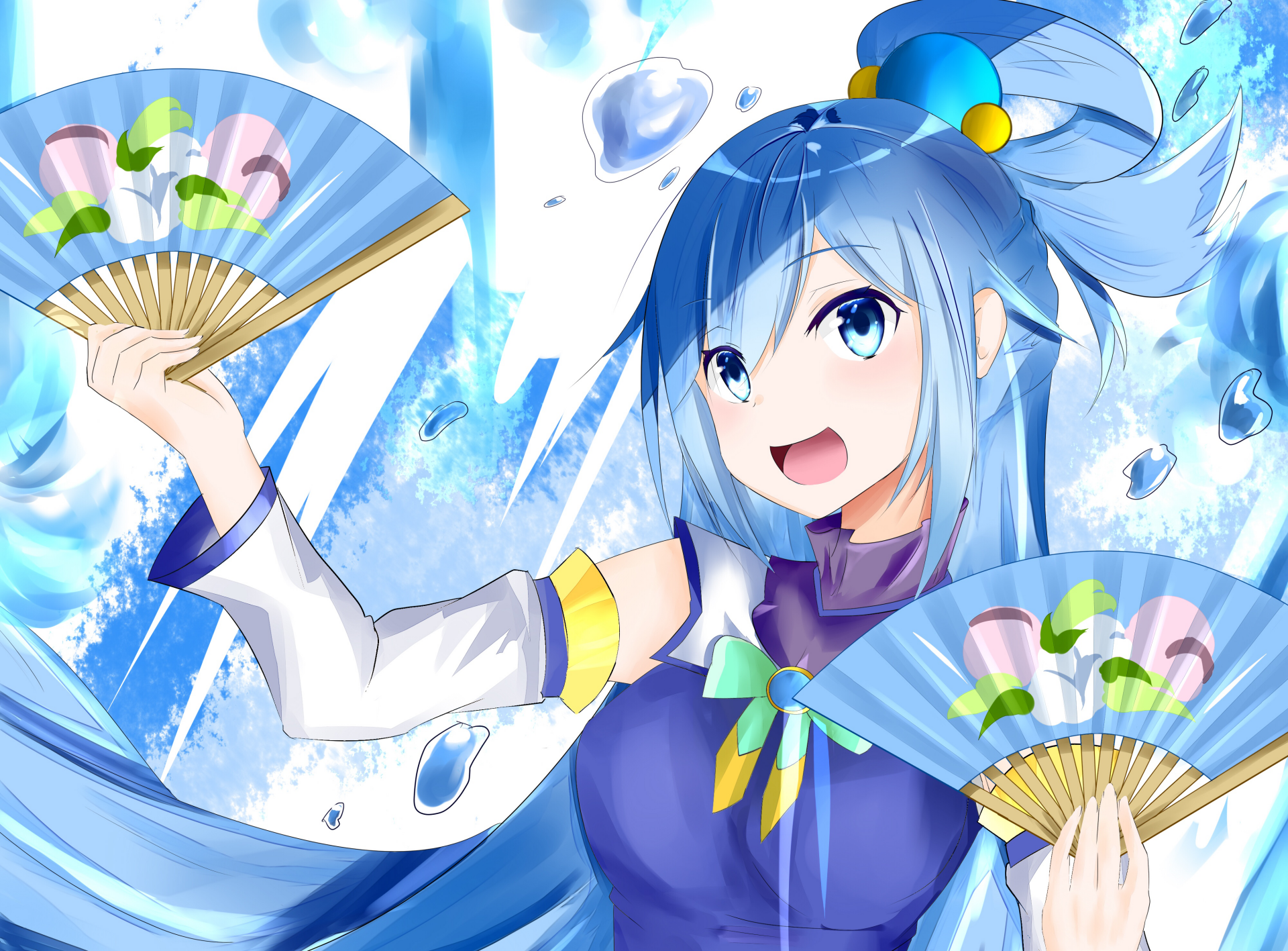 An HD desktop wallpaper featuring Aqua from KonoSuba - God's blessing on this wonderful world!!. She has blue hair and eyes, smiling while holding two fans in an anime-style vibrant background.
