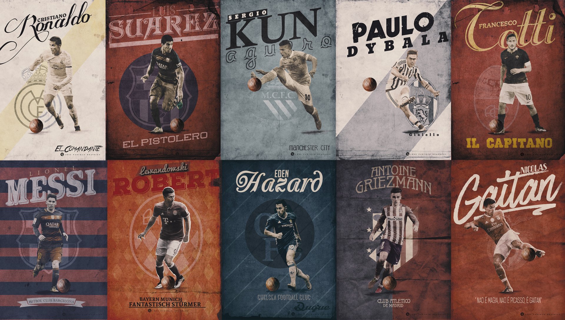 HD desktop wallpaper featuring notable soccer players from Chelsea F.C., FC Bayern Munich, S.L. Benfica, A.S. Roma, Juventus F.C., Barcelona, Real Madrid C.F., and Manchester City F.C.