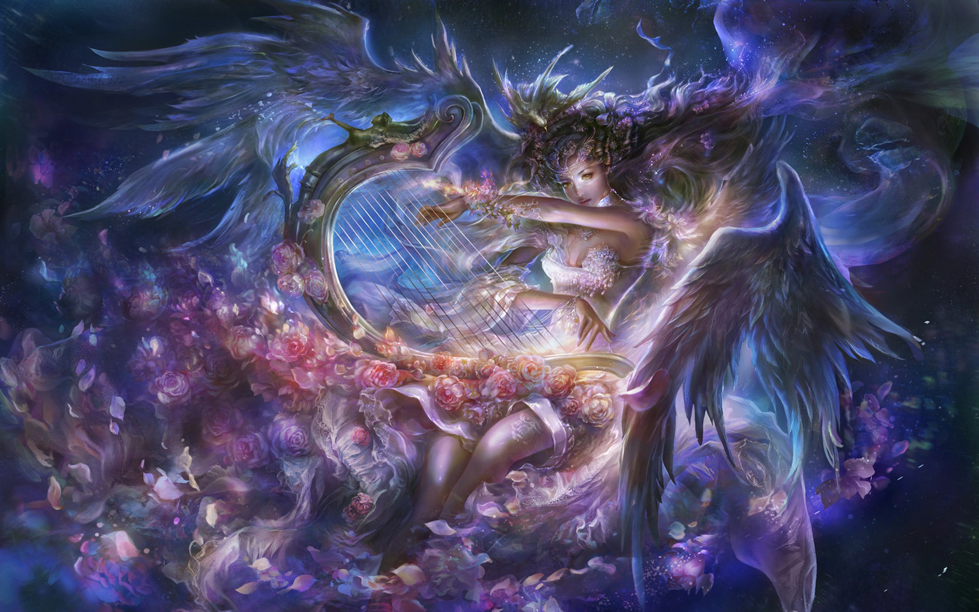 Ethereal Angel with Harp Amidst Blossoming Fantasy Wings – HD Wallpaper ...