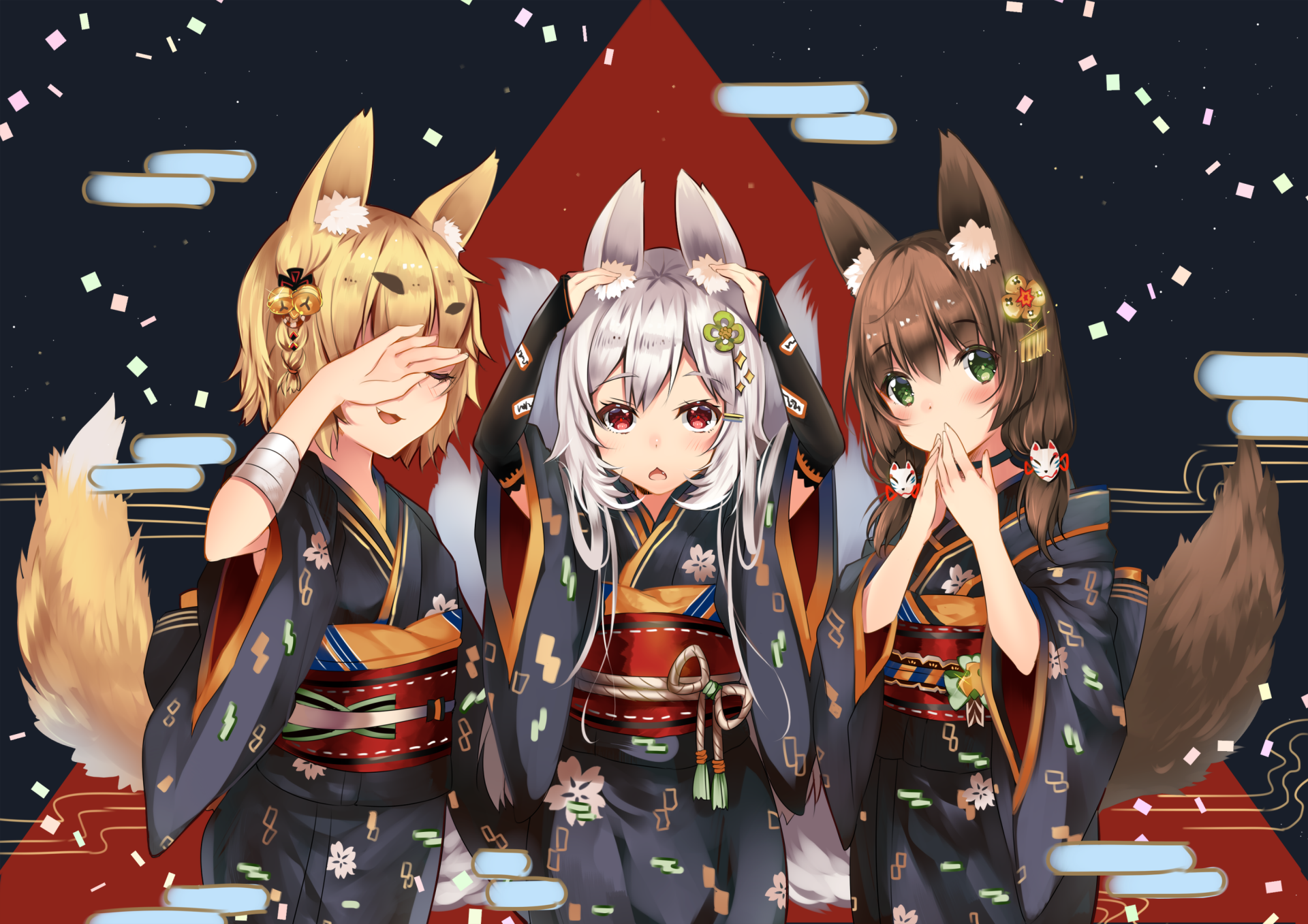 Anime-style original HD desktop wallpaper featuring three fox-eared girls dressed in traditional kimonos with colorful confetti against a dark backdrop.