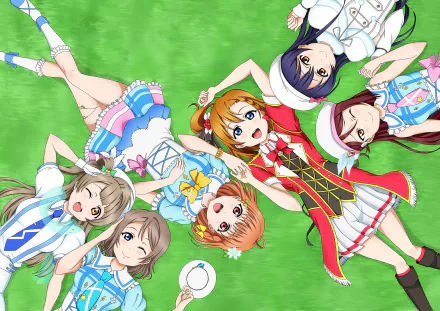 This HD desktop wallpaper features characters Chika Takami, You Watanabe, Riko Sakurauchi, Umi Sonoda, Kotori Minami, and Honoka Kousaka from the anime Love Live! Sunshine!!.